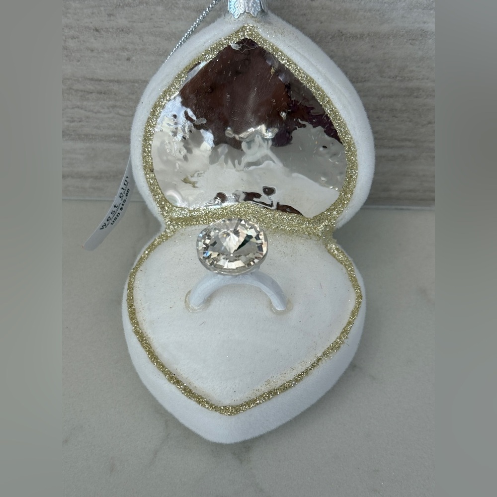 West Elm heartshaped white velvet exterior glitter trim,faux diamond ornamentNWT